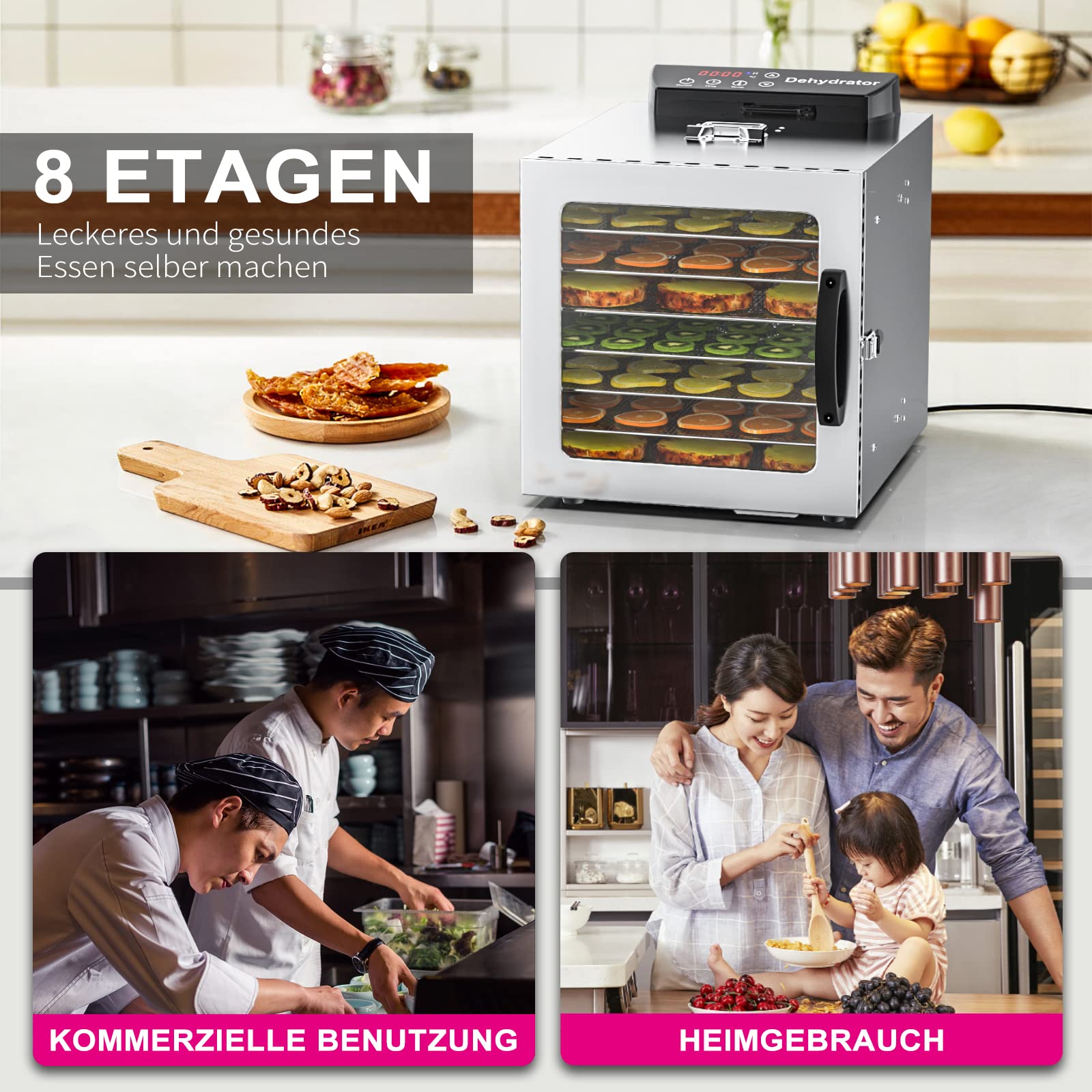 Lecon Dehydrator Stainless Steel Dehydrator Food 30-90°C, 24-Hour Timer Dehydrator for Food, Meat, Fruit, Vegetable Dryer, Fruit Dryer, Dehydrator with Apron, Sealed Tank (8 Levels)