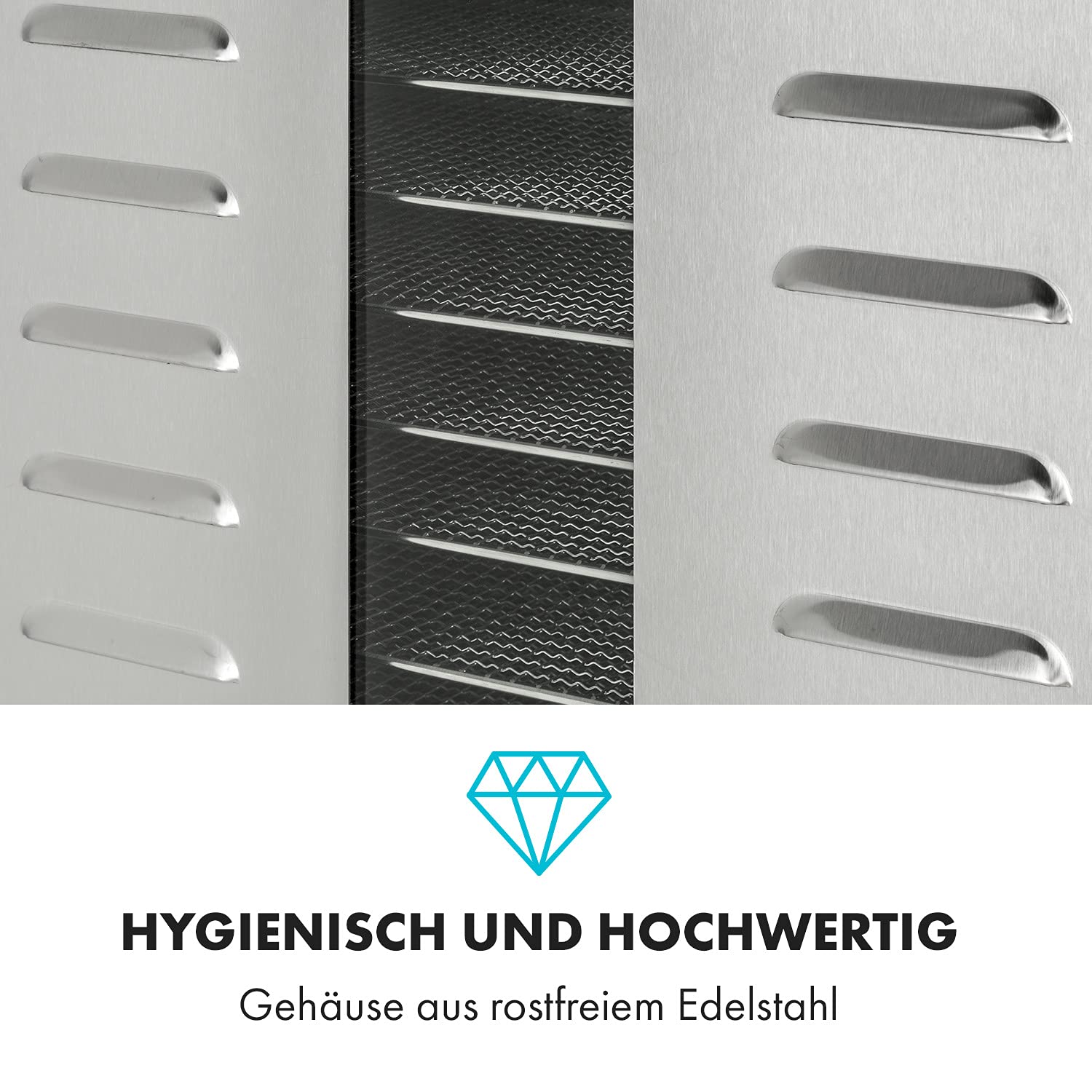 Klarstein Dörrautomat Edelstahl – 4.000-W-Dörrgerät, 48 Edelstahl-Einlegeböden, 30–90 °C, 24-Stunden-Timer, 6 Ventilatoren, 2 Trockenkammern, 50–55 dB, ideal für Obst, Gemüse, Fleisch, Kräuter, Silber