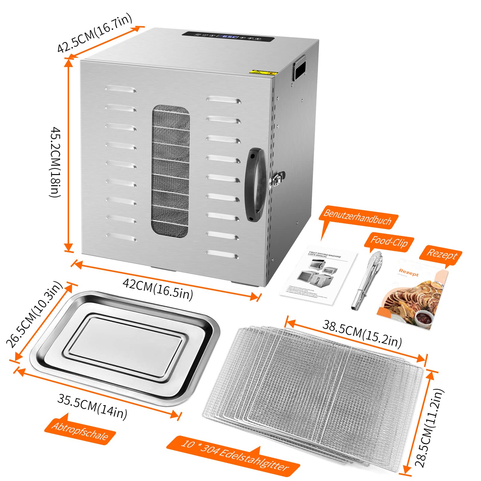 Kwasyo Dörrautomat Edelstahl DA 1000, XXL-Dörrfläche 1,8 m², Dörrgerät Temperatur einstellbar 30-90℃, LED-Display, 24 Std, BPA-frei, mit Rezeptheft, 10 Edelstahl-Dörrtabletts
