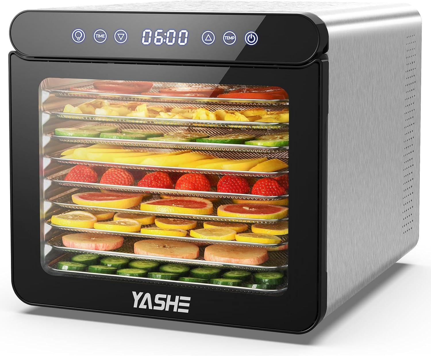 YASHE Stainless Steel Dehydrator with Digital Control (Temperature up to 75°C, Timer up to 48 Hours), 9 Trays Dehydrator for Fruit and Vegetables, Rear Fan for 360° Air Circulation, 800 W