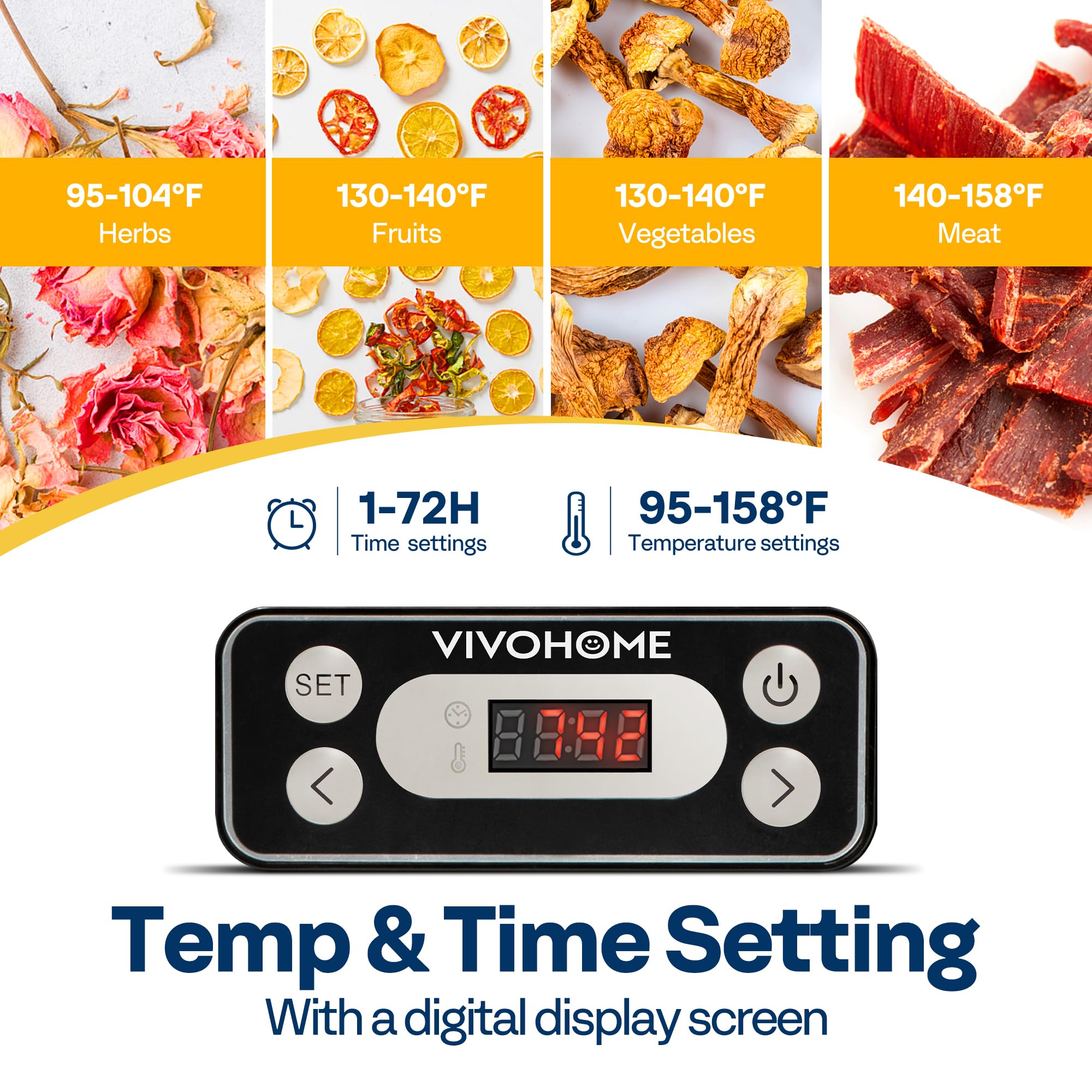 VIVOHOME Dörrautomat mit 8 Einlegefächern 400W BPA frei Dörrgerät mit Temperaturregler von 35°C bis 70°C inkl.72H Timer und Rezept für Fleisch,Obst,Haustier-Leckereiene